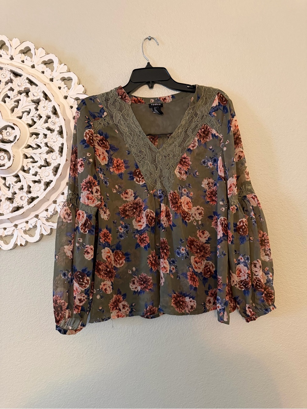 torrid Olive Floral Lace V-Neck Peasant Blouse